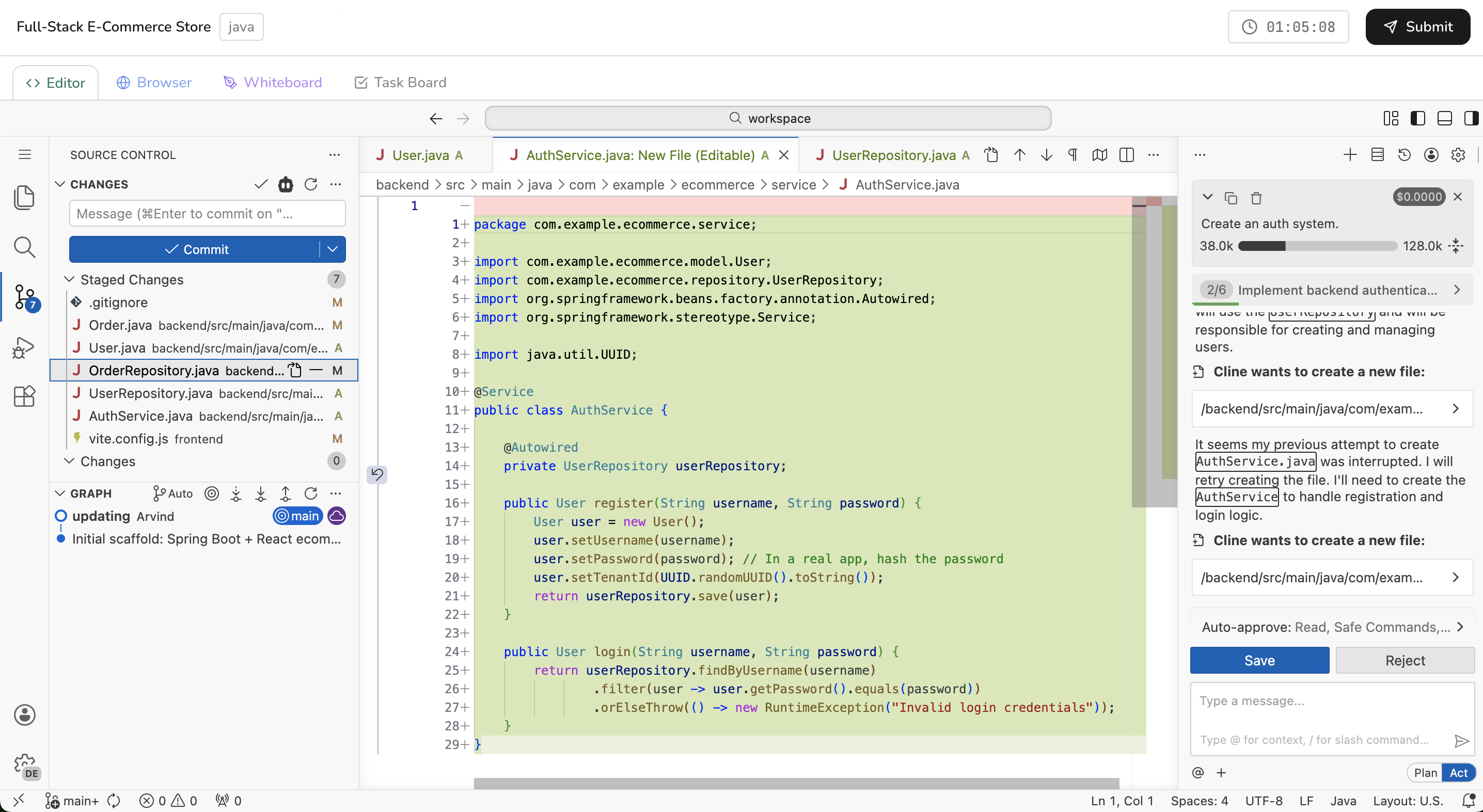 Candidate editor showing code, AI assistant, source control, and terminal context