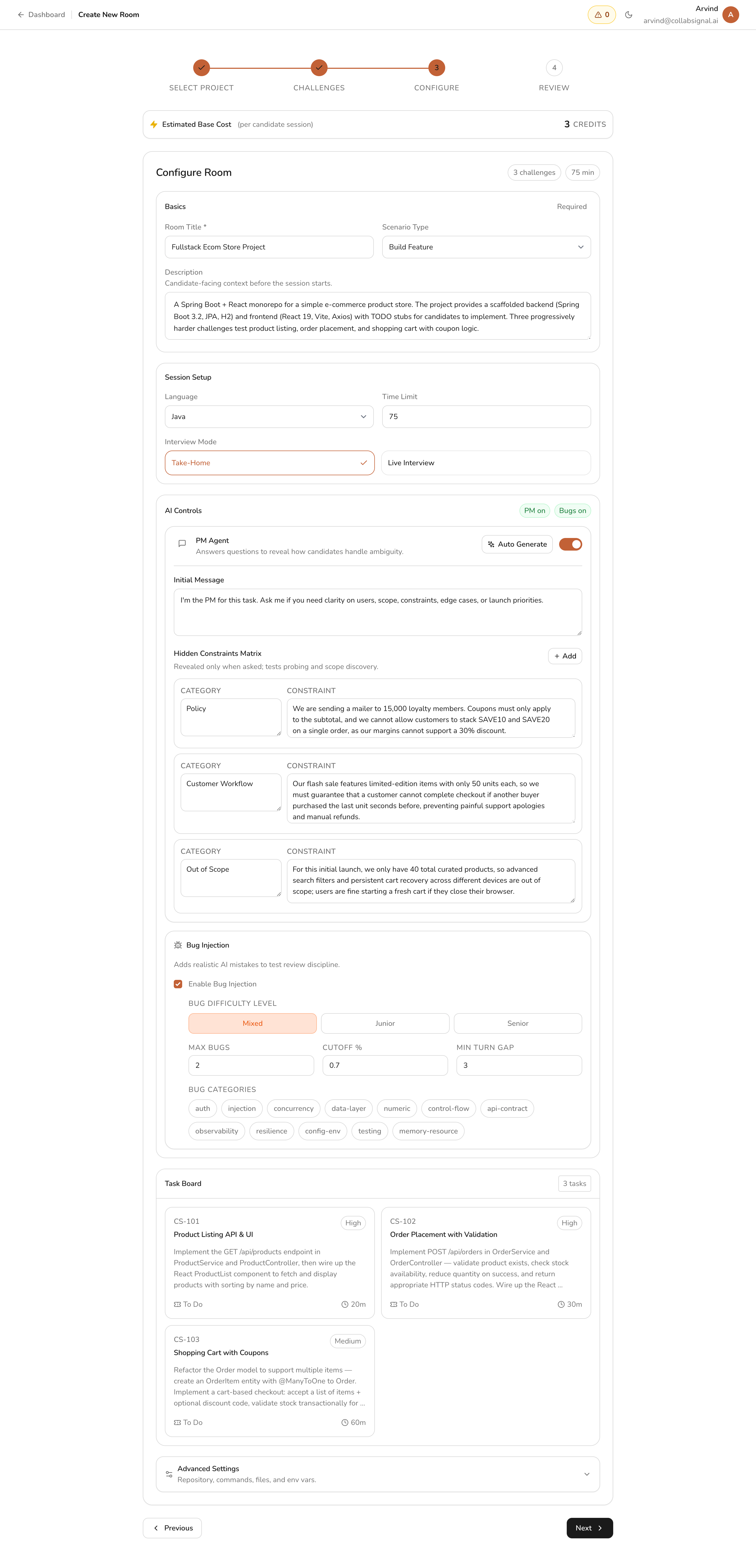 Room configuration showing PM Agent and live interview setup